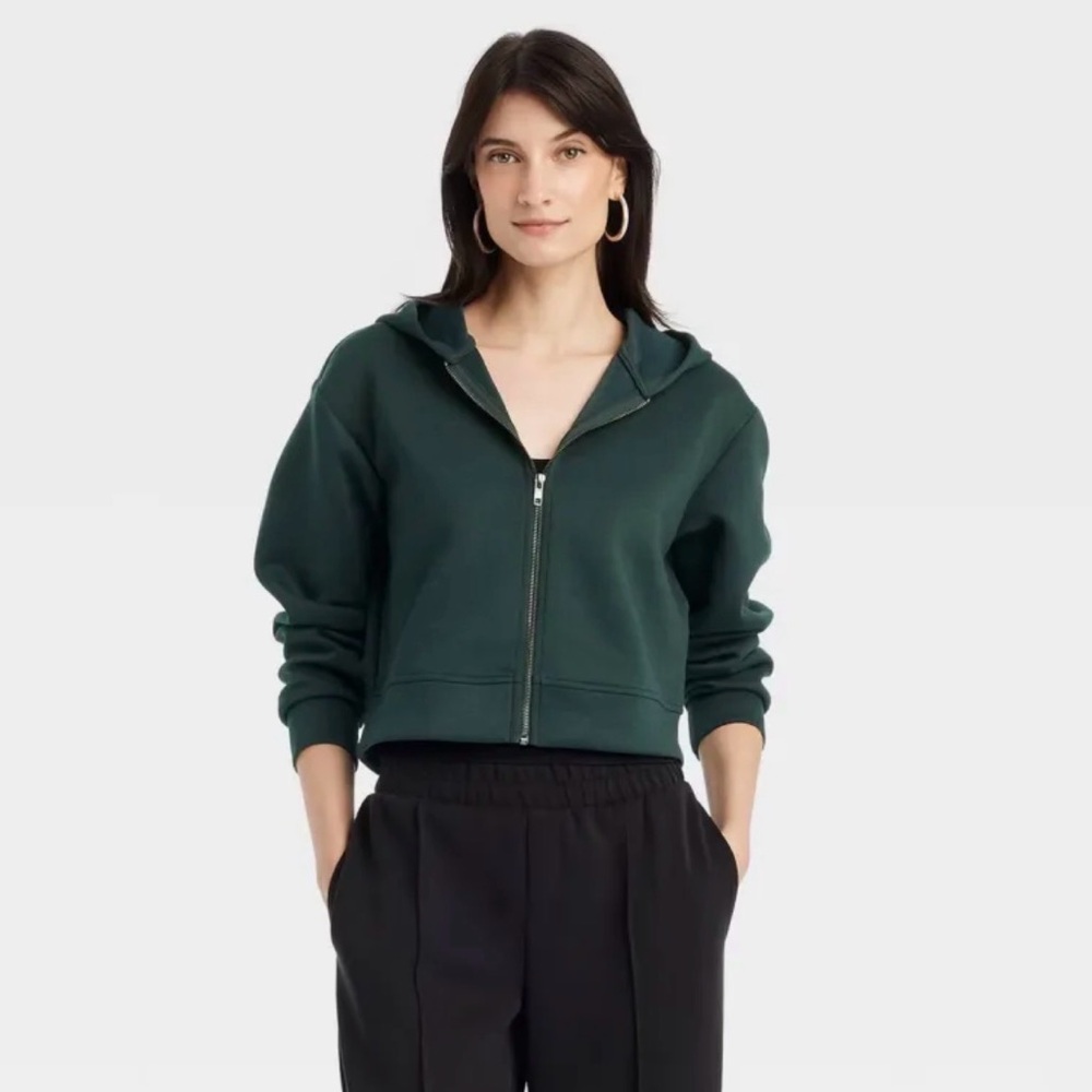 a new day Dark Green Zip-Up Hoodie waist length lightweight scuba material